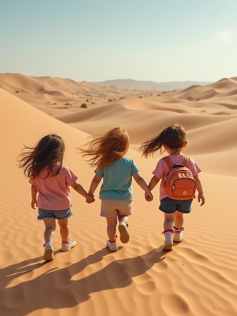 Three girls with long hair walking together in a sandy desert holding hands. They wear colorful t-shirts and shorts. The desert landscape is expansive with dunes in the background.