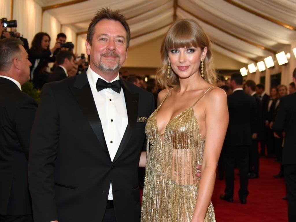 Gorgeous young woman at an awards event with boyfriend. Woman wears a sparkling gold fringe dress. Couples pose on the red carpet.