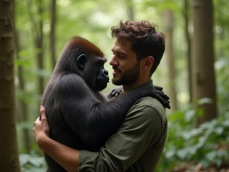 A gentle exchange captures a man holding a growing gorilla in a forest setting. The atmosphere radiates warmth, showcasing a real bond between species.