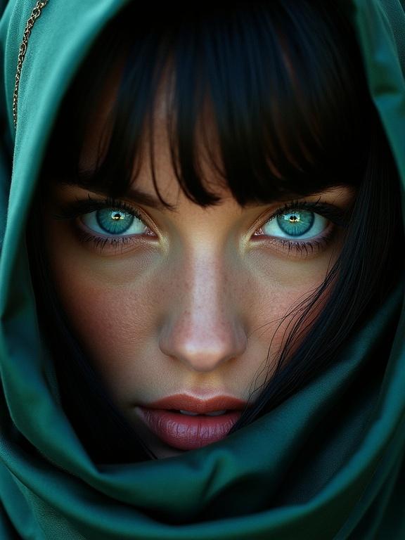 Cinematic film still showcasing a woman with turquoise blue eyes wearing a satin lacy shawl. The dramatic soft focus brings attention to striking eyes and intricate details of the shawl. The image embodies vintage fashion aesthetics from the 1960's to the 1990's. Captured in a cinematic style with film grain effects and vibrant colors. A deep mood is created by the composition and lighting. Stylish elegance in a modern art context.