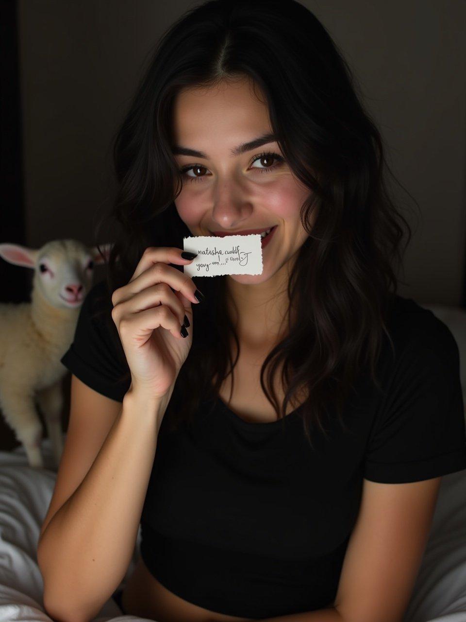 A young woman with black hair is in her bedroom wearing a black t-shirt. She holds up a small piece of paper with handwriting. Fingernails are polished black. She smiles and bites her lip playfully. Eyes show interest and naughtiness. Soft lighting from a lamp creates a dark, inviting space. The image captures a sexy and personal moment.