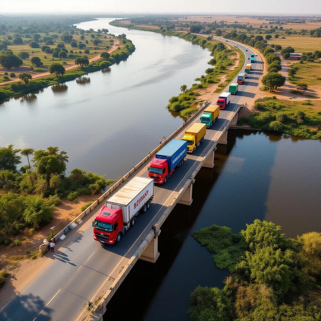 Aerial shot showing Buthary trucks on a bridge over the Nile River. Vibrant landscape visible with riverbank vegetation. Emphasis on the connection between North and South Sudan.