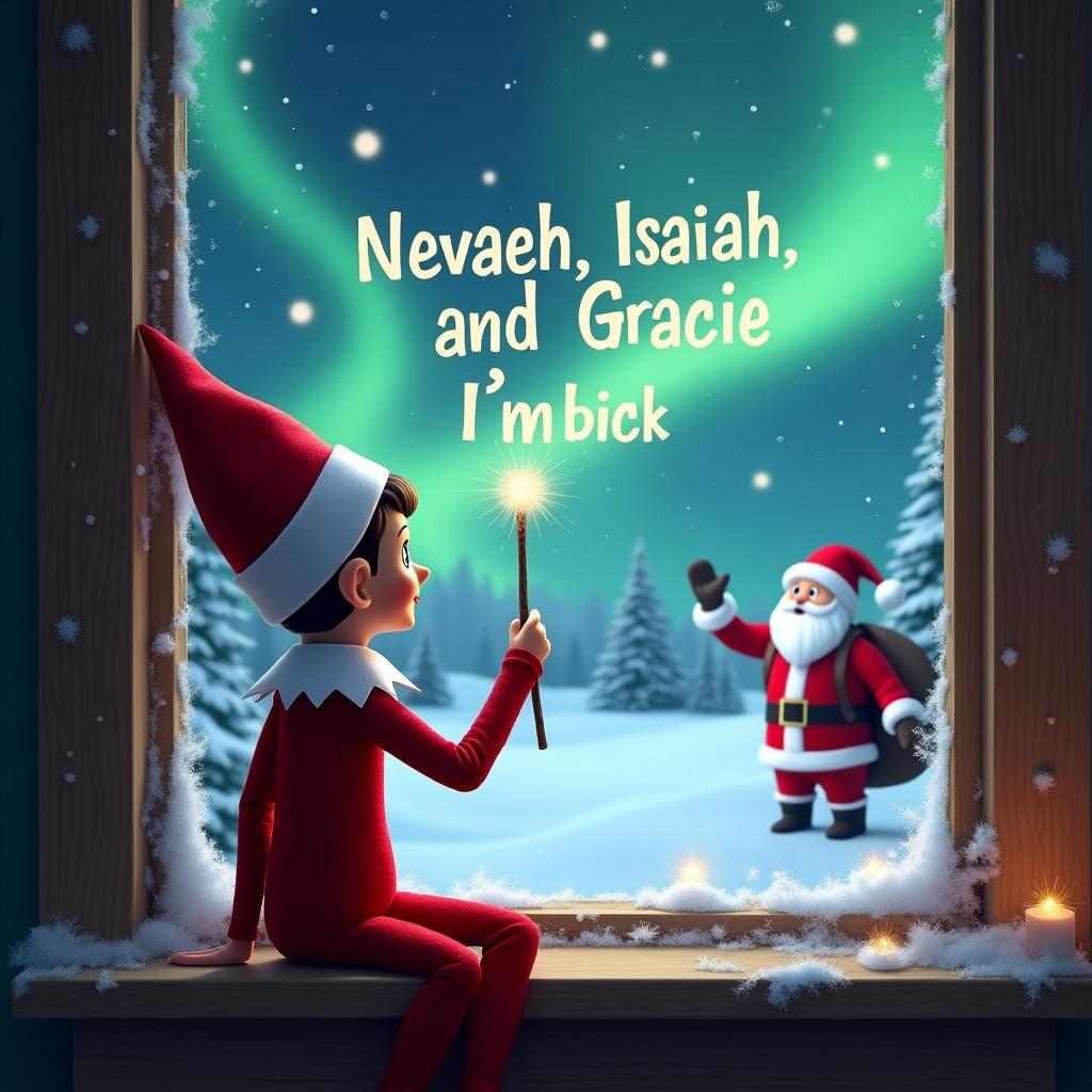 Elf on the shelf looks out the window at a snowy landscape. Santa is in the background. Elf uses a wand to write in the sky. Text reads 'Nevaeh, Isaiah and Gracie I’m back'. Northern lights are visible. Scene is magical and festive.