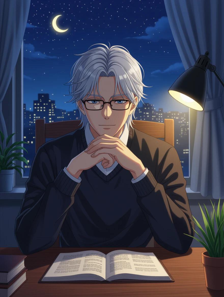 A 38-year-old man seated at a wooden desk at night. He leans forward slightly with hands clasped. Hair is long and white-gray. He wears glasses and has a calm expression. Dressed in a green jacket, yellow shirt, gray tie, and green trousers. A tall window shows a blue night sky with a moon. The room is elegantly styled with soft light.