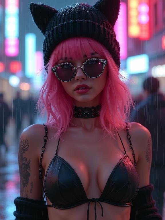 Woman in a leather bikini with pink hair. She wears a black winter hat with cat ears. Hair ends slightly red. Round glasses on her face. Cybernetic tattoos visible. Pink-red eyes. Leather high gothic boots and fishnet. Dark rainy cyberpunk environment with neon signs reflecting in puddles.