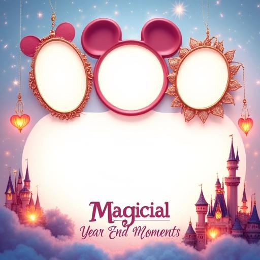 A whimsical photo collage template for a corporate year-end party featuring three large photo frames. One frame is shaped like Mickey ears. Another has a castle turret design. The last is shaped like a starburst or cloud. Background is colorful with soft gradients and sparkles. Includes floating lanterns and silhouettes of castles. Title at the bottom says 'Magical Year-End Moments' in a Disney-like font. Tone is joyful and enchanting.