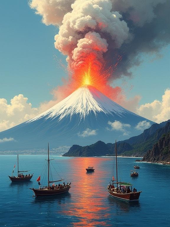 Dramatic depiction of a volcanic eruption from a coastal perspective. Massive ash cloud volcano with vibrant colors. White mountains and dark volcanic peaks surround a tranquil sea. Traditional fishing boats are anchored close to the volcano. Painterly style mimicking Japanese woodblock prints. Strong contrast in colors and expertly handled light and shadow. Detailed ash, lava, and ocean waves. Impasto texture adds depth.