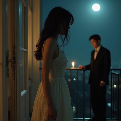 A woman in a vintage ivory lace dress stands on a moonlit balcony. She touches the frayed hem of her dress. Another woman in a black bodysuit leans against the railing, creating a tense atmosphere. A man in a suit is seen in the doorway, adding contrast. One candle flickers, casting shadows. Emotions of vulnerability and defiance are present.