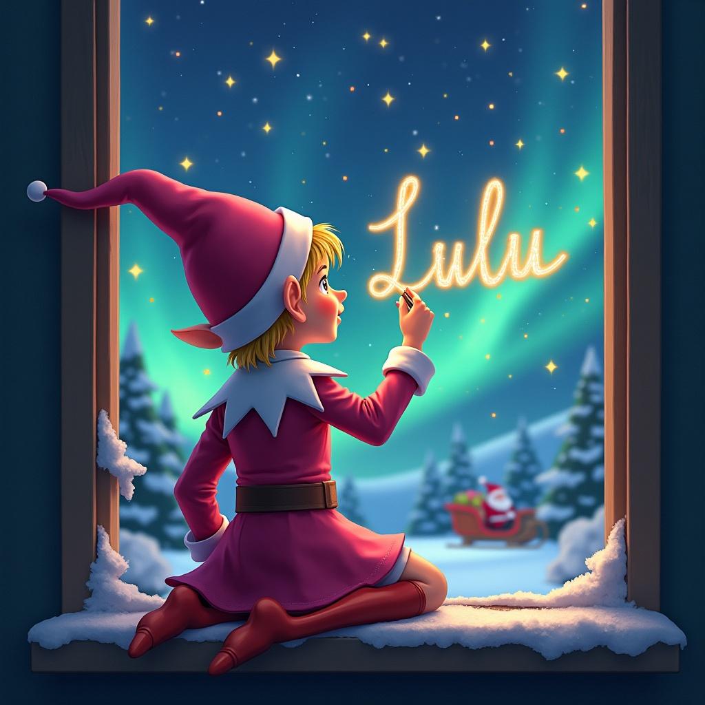 The image features an elf sitting on a window ledge with his back to the viewer. He is facing the sky, using a wand to write the name 'Lulu' in shimmering letters. The background is enchanting, depicting a magical Christmas scene complete with twinkling stars and colorful northern lights. In the background, adding to the festive atmosphere, is Santa Claus in his sleigh. The elf is dressed in a pink outfit and pointed hat, emphasizing the holiday spirit, and he has blonde hair.