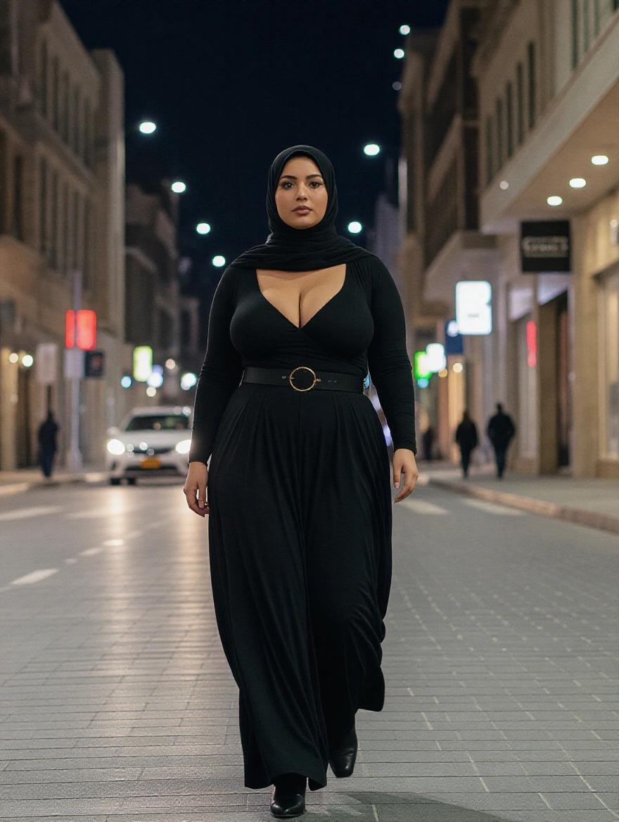 Woman in black hijab dress walks confidently on an empty well-lit street at night. Urban setting shows modern architecture and streetlights.