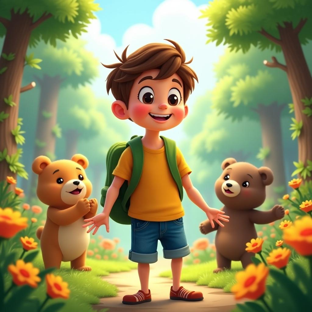 Cheerful young boy named Finn stands in a vibrant forest. Short brown hair bright eyes wearing a t-shirt denim shorts. Finn carries a green backpack. Surrounded by cute animated bears. Scene bright sunny filled with flowers lush greenery.