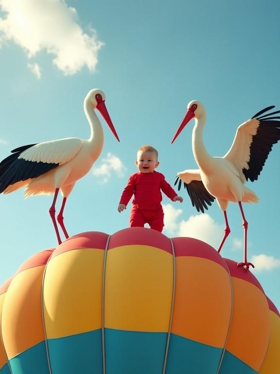 High angle shot of a baby in a red onesie on a colorful hot air balloon surface. The baby stands between two large storks. The scene is bright and sunny. Baby appears surprised. Soft clouds in the sky.
