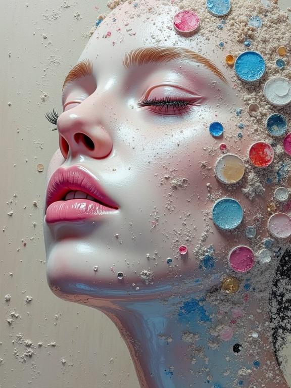 A close-up of a face adorned with various textures. Elements include splashes of milk, colorful circular shapes, and mixed media such as newspaper and glitter. The face is highly detailed with shiny skin and artistic decorations. The overall aesthetic is modern and vibrant.
