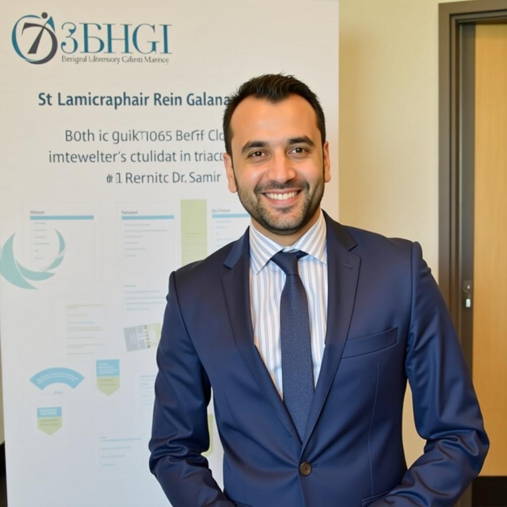 Image of a professional man in a suit standing confidently in a corporate setting. Background has informational graphics related to healthcare and donation.