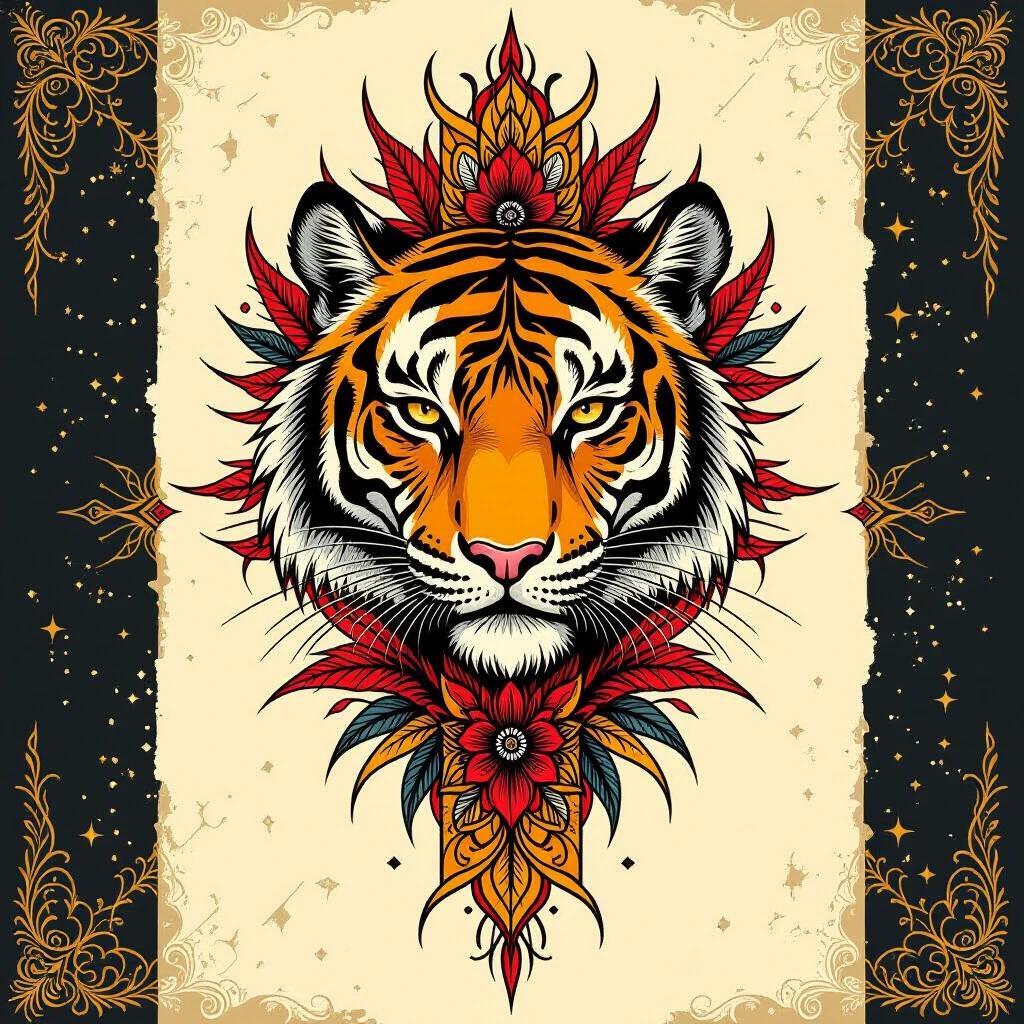 Tattoo design features a themed exotic tiger face. The artwork incorporates bold black red yellow and white lines. Floral motifs surrounding the tiger enhance its fierce appearance. The design is inspired by various artists including Russ Mills and Patrick Nagel. An artistic blend of styles is evident in the composition.