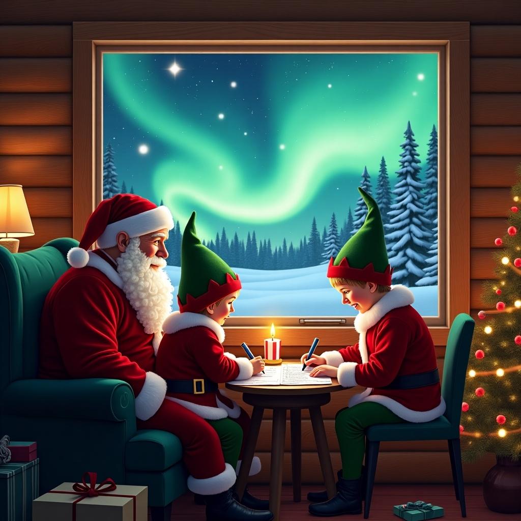 In a cozy cabin, Santa Claus is sitting with two elves by a window. The scene showcases a beautiful sky filled with northern lights. They are writing notes together, preparing for the holiday season. The ambiance is warm and inviting, highlighting the magic of Christmas. This festive setting embodies the spirit of giving and excitement as they get ready for the arrival of kids.