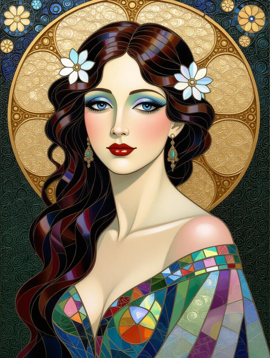 Closeup of a majestic figure inspired by Lady Godiva. Gown made of iridescent ceramic tiles and glass mosaics. Background adorned with intricate patterns. Ethereal and abstract style using encaustic mixed medium. The artwork radiates elegance.