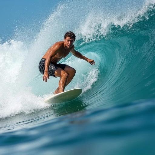 A surfer rides a breaking wave. Water droplets float in the air. The surfboard shines in the sunlight. The ocean's curl surrounds the surfer. The scene captures the intensity of the moment.