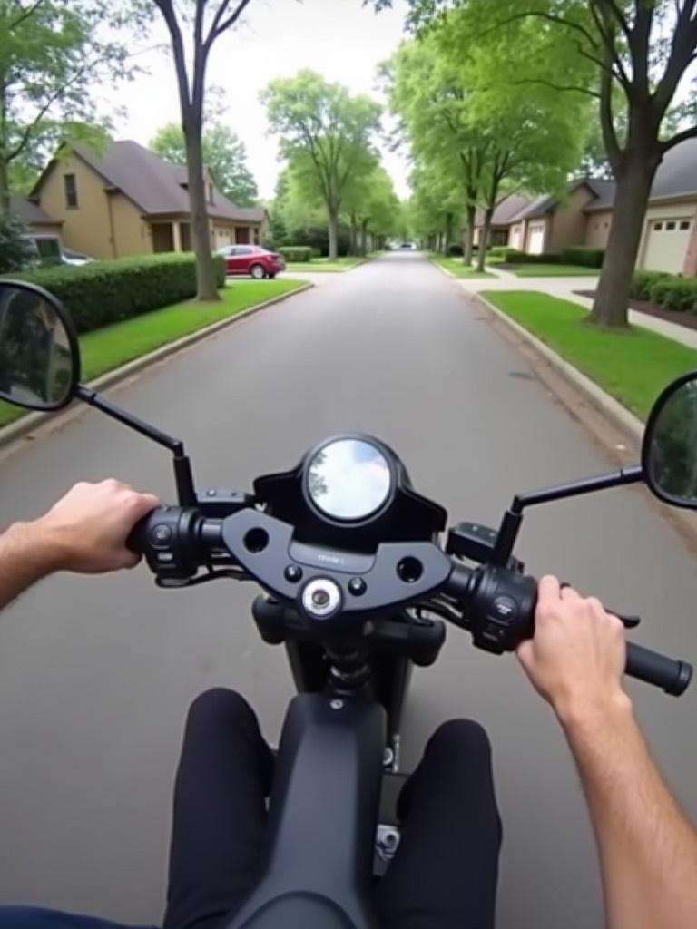 Bodycam footage captures person riding scooter on tree lined street. Scooter approaches tree demonstrating potential crash hazard. Residential area features visible houses and clear road ahead.