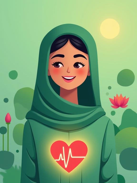 A smiling Egyptian woman in a green headscarf with a glowing heart symbol. Background includes soft green medical theme with leaves and lotus flower blooming. This illustration showcases gentle lighting and a clean flat design style.