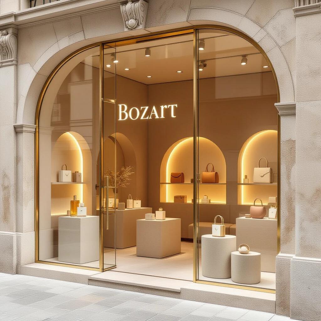 Boutique storefront designed for a luxury brand. Features large curved glass windows framed in aged brass and clay stone. BOZART logo etched into the glass. Inside, sculptural perfume bottles and artisanal handbags displayed on pedestals. Refined packaging with tactile design. Warm glow inside with flowing fabrics. Earthy elegance and organic minimalism.
