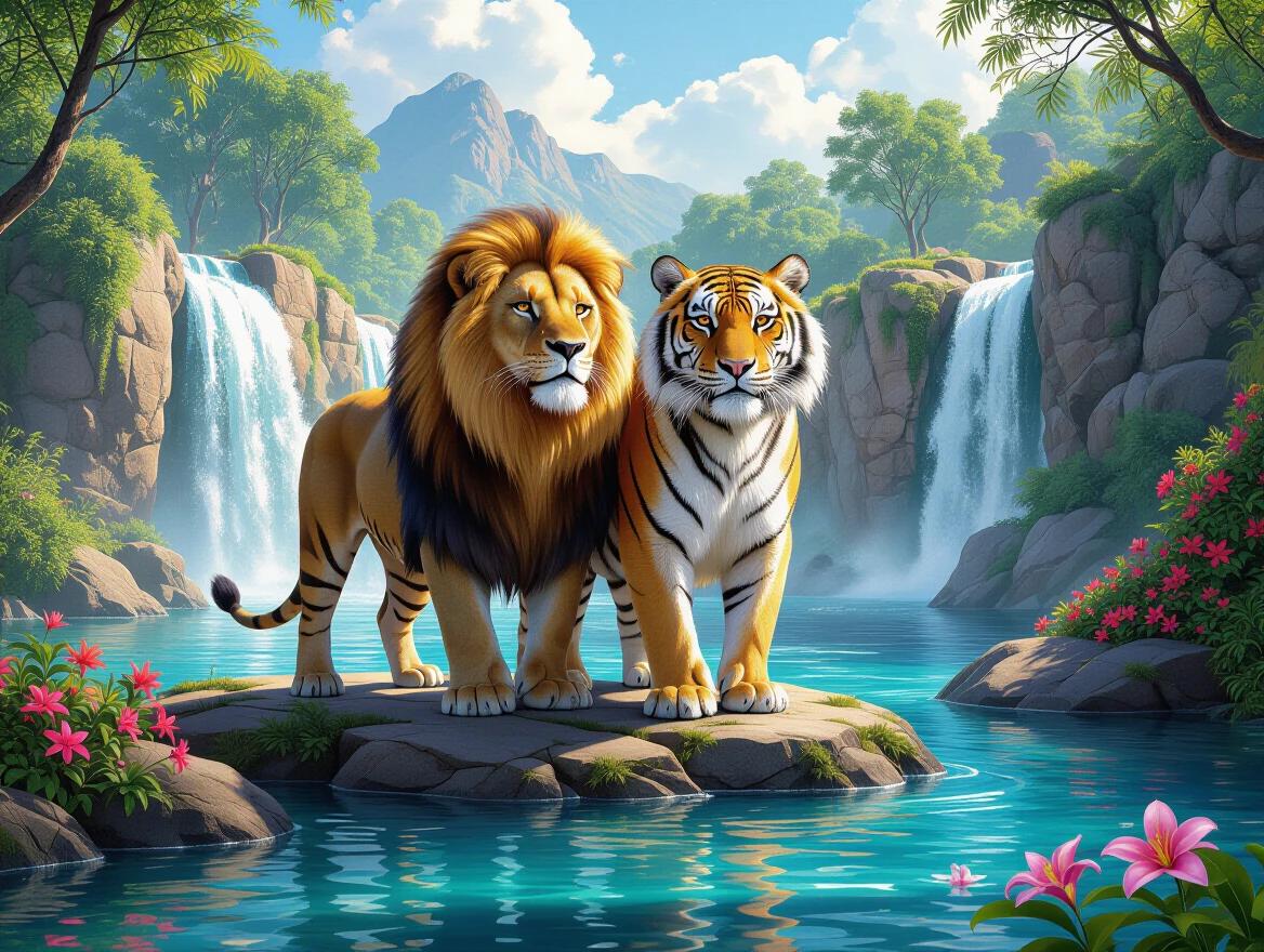Lion and tiger stand on a stone over a river with clear blue water. Flowers bloom on the banks. Vivid colors create a tropical scene. A waterfall cascades in the background. Front view close-up of the animals.