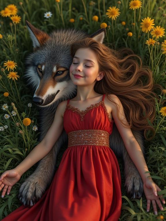Realistic photo on a summer meadow featuring a young girl in a red dress lying on her back. Beside her is a friendly werewolf with his head on her thighs. The scene evokes emotions of happiness and calmness. Girl has long flowing hair, shiny skin, and feels protected by the werewolf.
