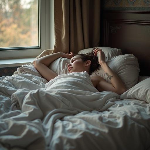 Subject depicting a person peacefully sleeping in a cozy bed with soft lighting. Relaxing atmosphere created by the natural light from the window. Bedding appears rumpled and inviting.