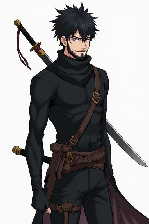 Anime style character design with black spiky hair. Character wears tight black outfit with a sword at the back. Has a complete beard and appears muscular. Age 19-20. Art style reminiscent of Attack on Titan.