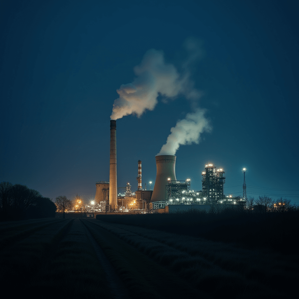 A factory illuminated against the night sky, with smoke billowing from tall chimneys.