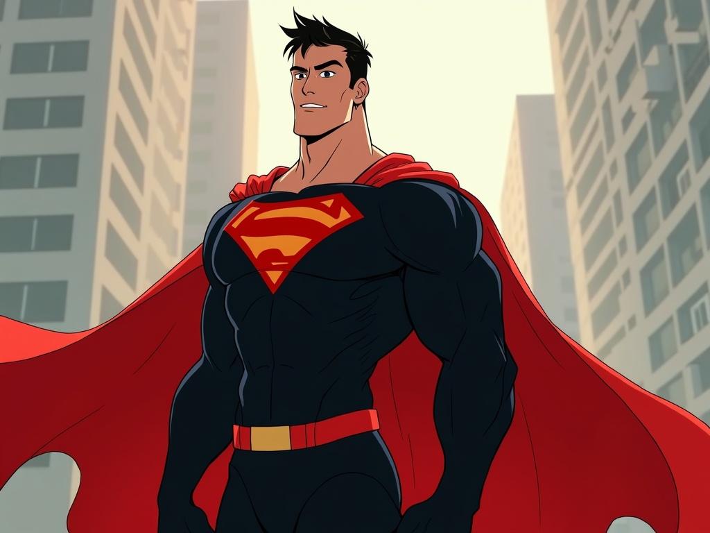 A superhero named 'Super Militant'. Enormous muscles and powerful physique displayed. Sleek black suit adorned with 'M' symbol on chest. Bright red cape flows behind him. Handsome with masculine hair.