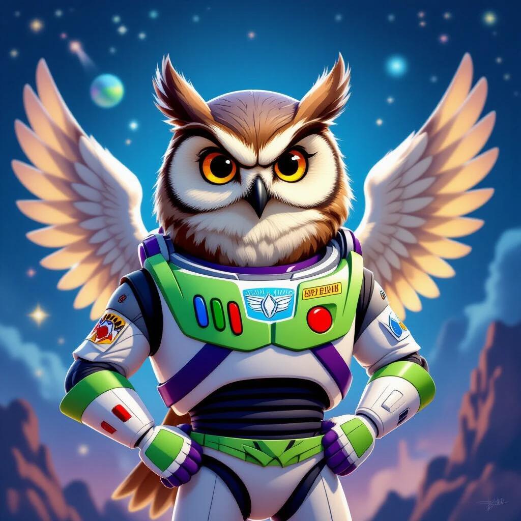 Owl illustration in Buzz Lightyear uniform. Wings slightly open and confident expression. Blends realism and cartoon style. Uses vibrant colors. Stylized outer space background with stars. Dramatic lighting. Heroic pose ready for a galactic mission.