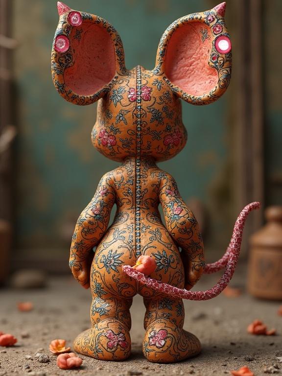 A 3D toy mouse character with intricate patterns and designs. The styling features colorful Zentangle motifs. Showcase a rear view to highlight details. Render in high-resolution.