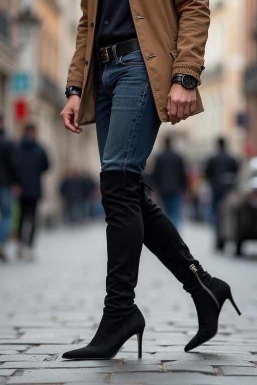 Guy in high heeled thigh boots walking on a city street