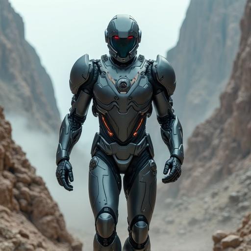 A high-tech full-body humanoid combat armor emerges from a crater deep within a rocky mountain. The exosuit is built from matte titanium with dark copper detailing. At the center of the chest, a small elephant head is embedded. The pilot's helmet is sleek with a reflective finish. The armor features articulated shoulder plates and reinforced arms. The ground cracks and vapor hisses as it rises.