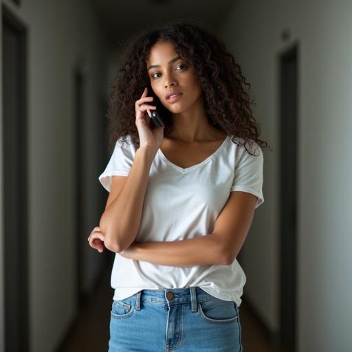 A woman is talking on her phone. She has brown hair and blue eyes. She is wearing a white short-sleeve t-shirt and blue jeans. Her expression conveys confidence. She is standing in a hallway with doors.