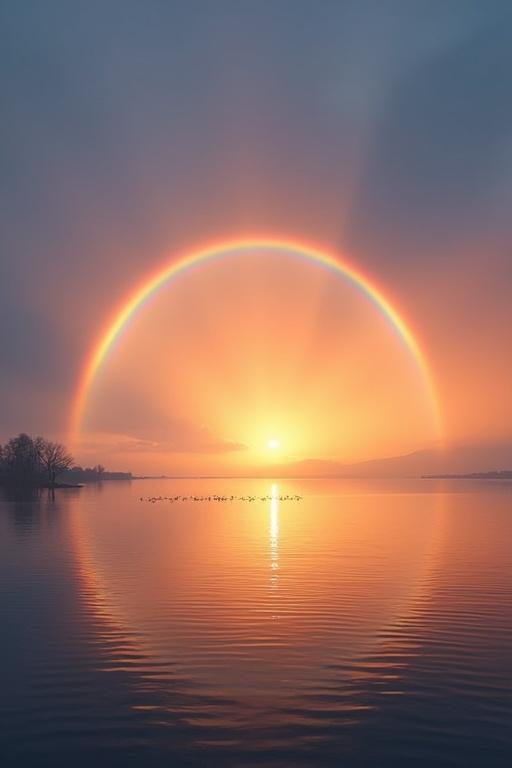 Serene landscape at sunrise featuring a full-circle rainbow over calm sea. Vibrant colors reflect on the water's surface. Silhouetted flock of birds against warm hues of the rising sun. Landscape orientation highlights expansive beauty of nature.