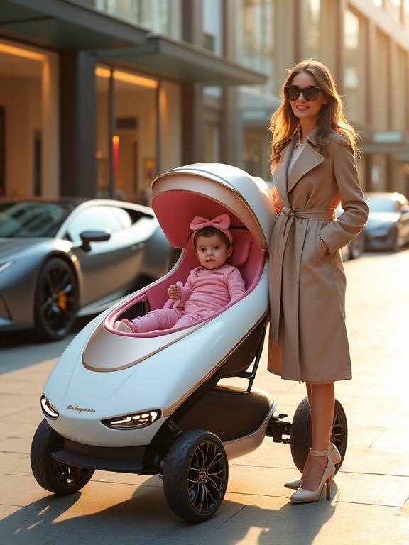 A luxury baby stroller designed like a Lamborghini Aventador features a sleek white frame with soft pink and gold accents. LED lights and carbon fiber textures enhance its look. A one-year-old girl in a pink racing outfit and a bow sits proudly inside. Her mother, in a beige trench coat and heels, poses confidently. The background shows a luxury shopping area with modern buildings and parked sports cars. The scene is bathed in golden hour light with high detail.