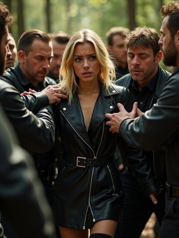 A young woman with light skin and blond hair appears in a sunny forest setting. She wears a black leather belted biker coat. She looks frightened. Several men surround her tightly. They hold her shoulders and arms, showing anger towards her. Her body posture indicates distress or restraint. They are positioned closely around her. The lighting highlights her expression. The perspective focuses on the woman at the center of the group. The composition emphasizes her struggle in a forceful environment. The overall style is dramatic, portraying confrontation.