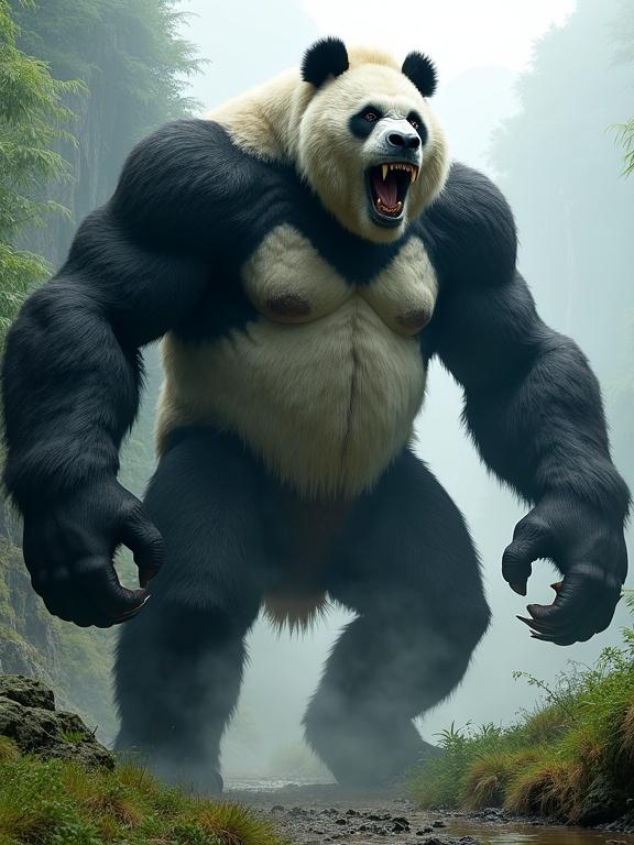 A monstrous panda-gorilla hybrid emerges from bamboo cliffs. It is towering and muscular with prominent limbs. Its fur is coarse with black and white patterns. The face is panda-like, but with an aggressive expression. It has massive claws and a powerful stance, standing amidst the misty forest. Hyperrealistic detail captures every feature.