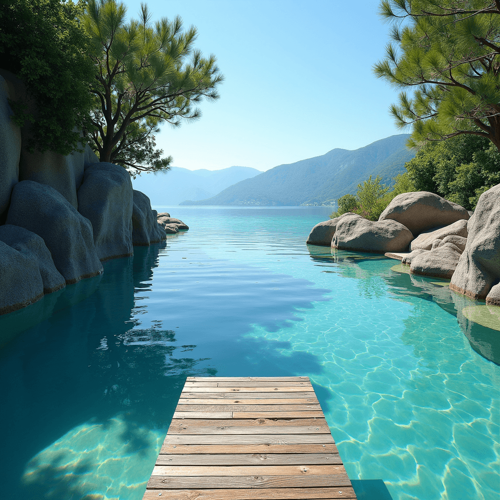 A serene lakeside view with clear blue water, rocky shores, and a wooden dock leading into the distance.