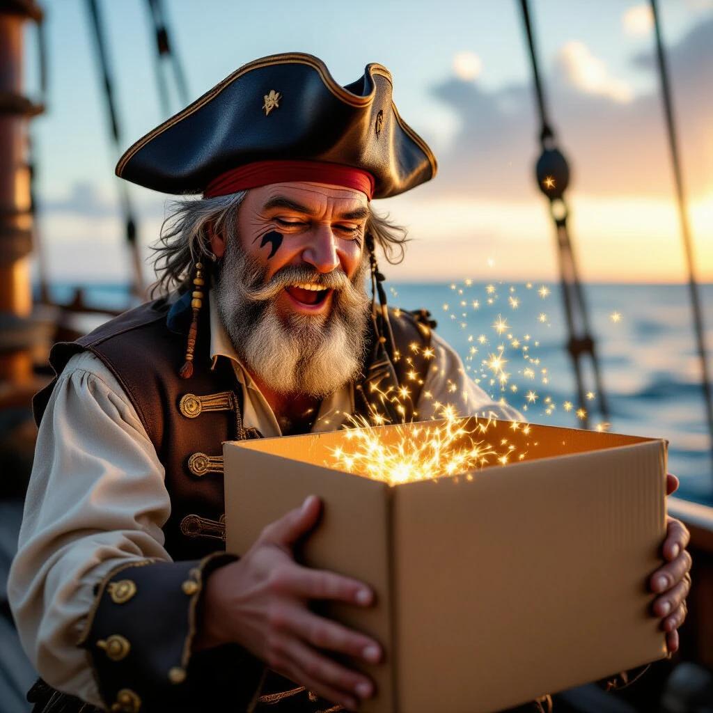 Pirate opens a cardboard box at sea. The pirate has gray hair and a beard with black eyeliner. Excitement on his face. Magic bursts from the box. Daytime setting on a ship.