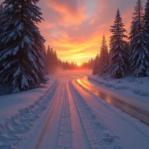 Breathtaking sunset over a snowy road. The scene includes a calm lake reflecting the sunset. The forest has tall trees, creating a vintage feel. The atmosphere is peaceful and captivating.