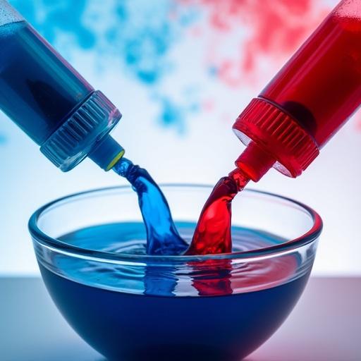 Blue and red paint shot into bowl of water. Syringes aim directly at water. Vivid colors mix together in circular motion.