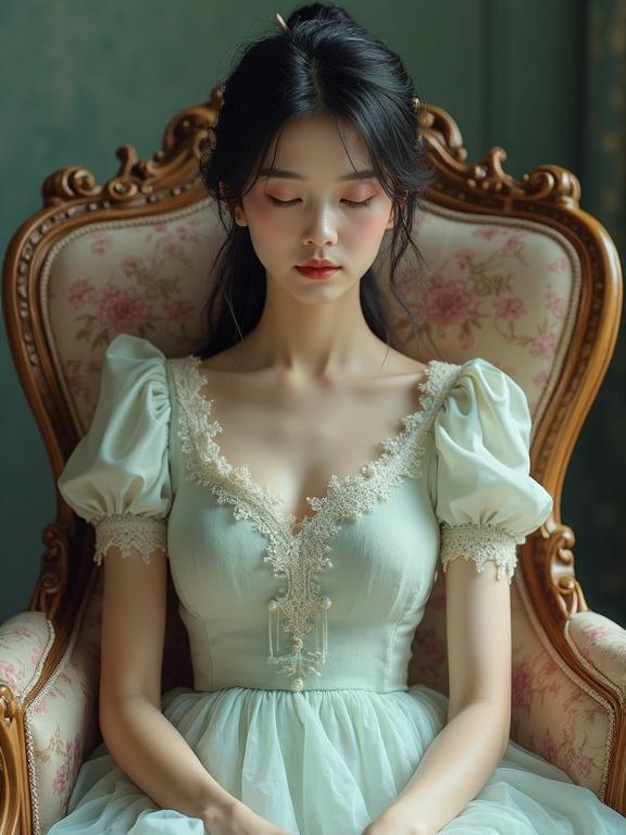 Creative portrait of a young lady in a mint green dress with delicate lace. She has her eyes closed and mouth slightly open, showcasing neutral skin tone and soft lighting. The portrait is textured to give a brushstroke feel. The young lady sits in a Victorian chair in a dark atmosphere. She is surrounded by two women, one pulling her head and another pouring water.