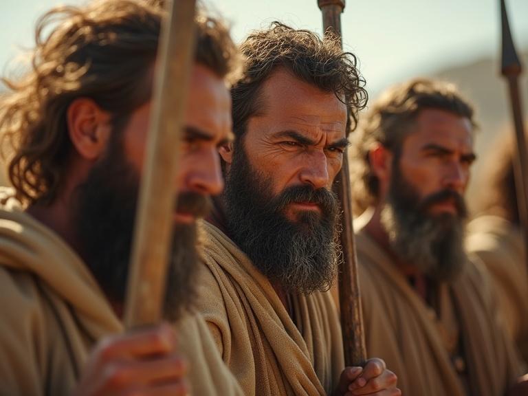 A tight shot of three veteran Israelite warriors in a broken defensive line. Their beards are unkempt. Faces are dusty and sweaty. Harsh midday light casts deep shadows. Eyes are downcast. One grips a spear tightly, knuckles white.