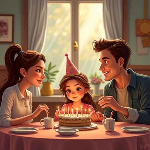 Family celebrating a birthday in a restaurant. A young girl with a party hat sits at a table with her parents. A birthday cake with the number seven on it is in front of them. The scene is cozy and warm, depicting joy and family togetherness.