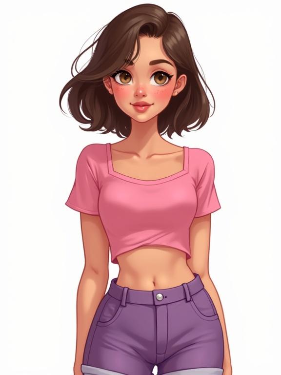 Portrait of a teenage girl wearing a pink crop top and purple shorts. Character has brown bob hair and brown eyes with freckles. Style resembles pinup art. Full-body illustration on a white background.