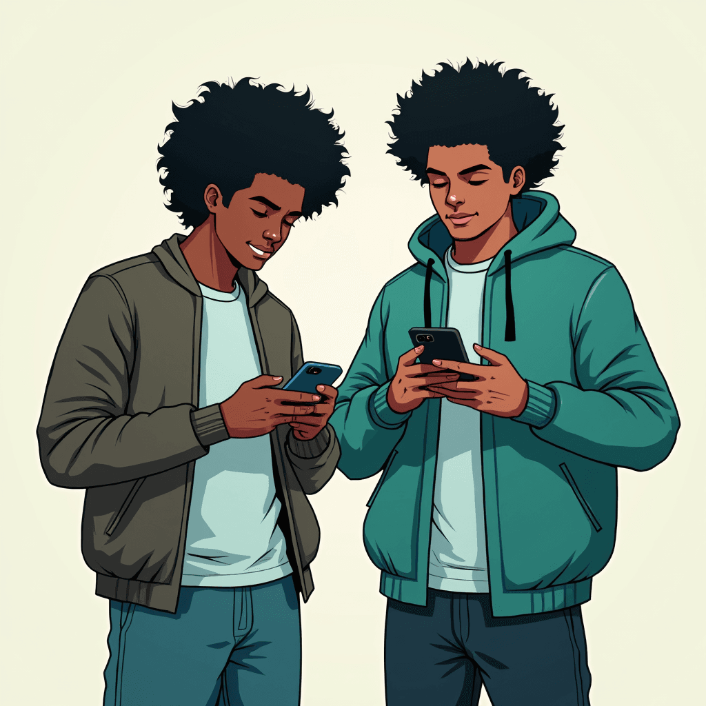 The illustration depicts two young men standing side by side, both engrossed in their smartphones. The person on the left is wearing a brown jacket over a light shirt, while the person on the right is dressed in a teal hoodie. Their facial expressions are focused yet relaxed, suggesting they might be sharing a moment or something interesting on their screens. The background is plain, highlighting the interaction between the two characters.