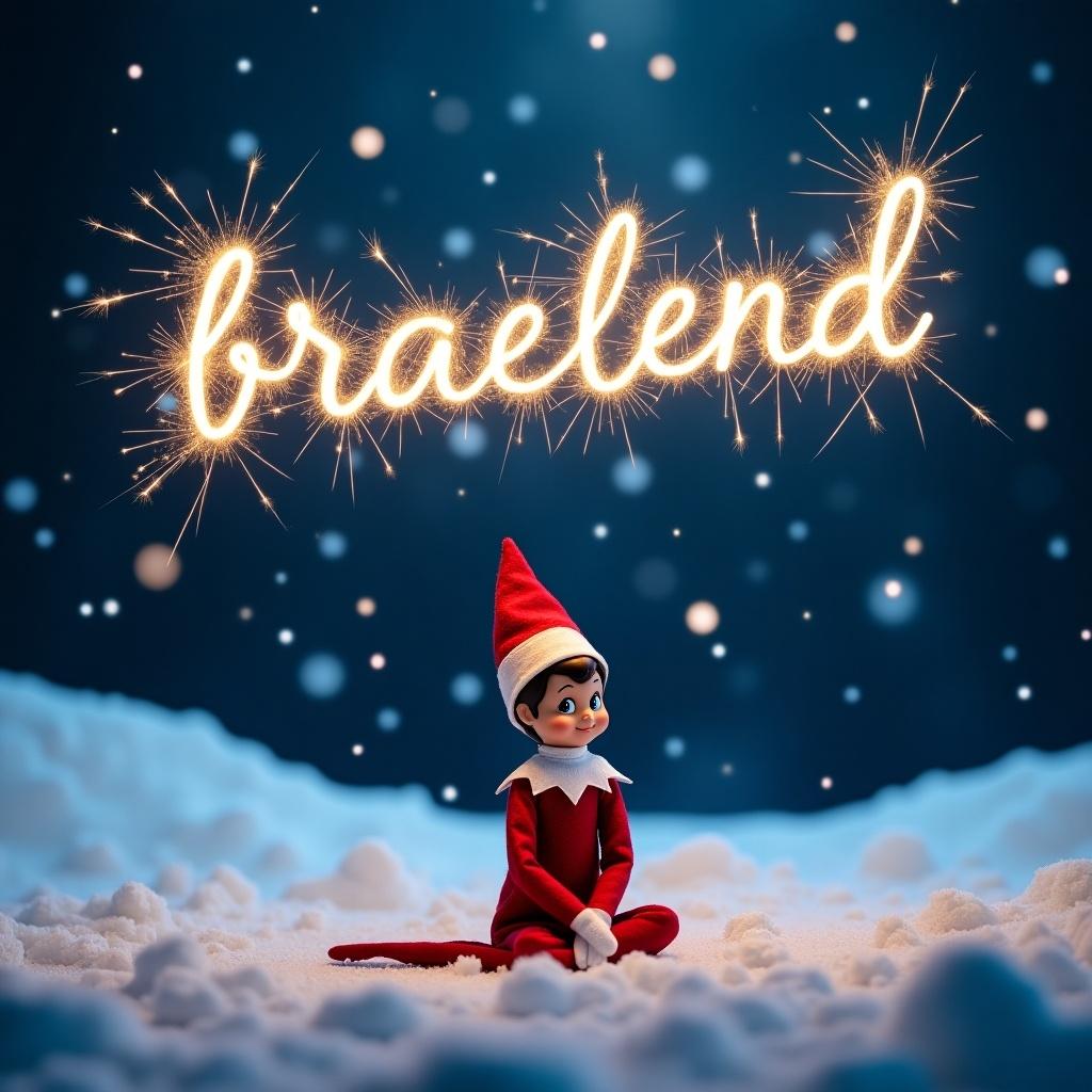 The image depicts an Elf on the Shelf sitting on a snowy ground during a starry night. The Elf has a cheerful expression and is wearing a traditional red outfit with a white collar. Above the Elf, the name 'braelend' is beautifully crafted in lights using sparklers. The background is filled with soft, fluffy snow and a twinkling night sky, creating a magical atmosphere. Snowflakes gently fall around the Elf, enhancing the winter wonderland effect.